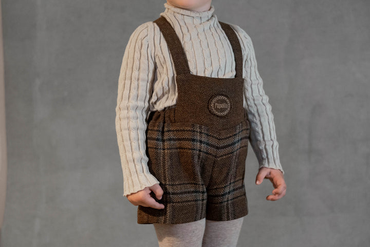 MOD.8.1 BROWN PLAID WOOLLEN SHORT DUNGAREES WITH EMBROIDERY APPLIQUÉ