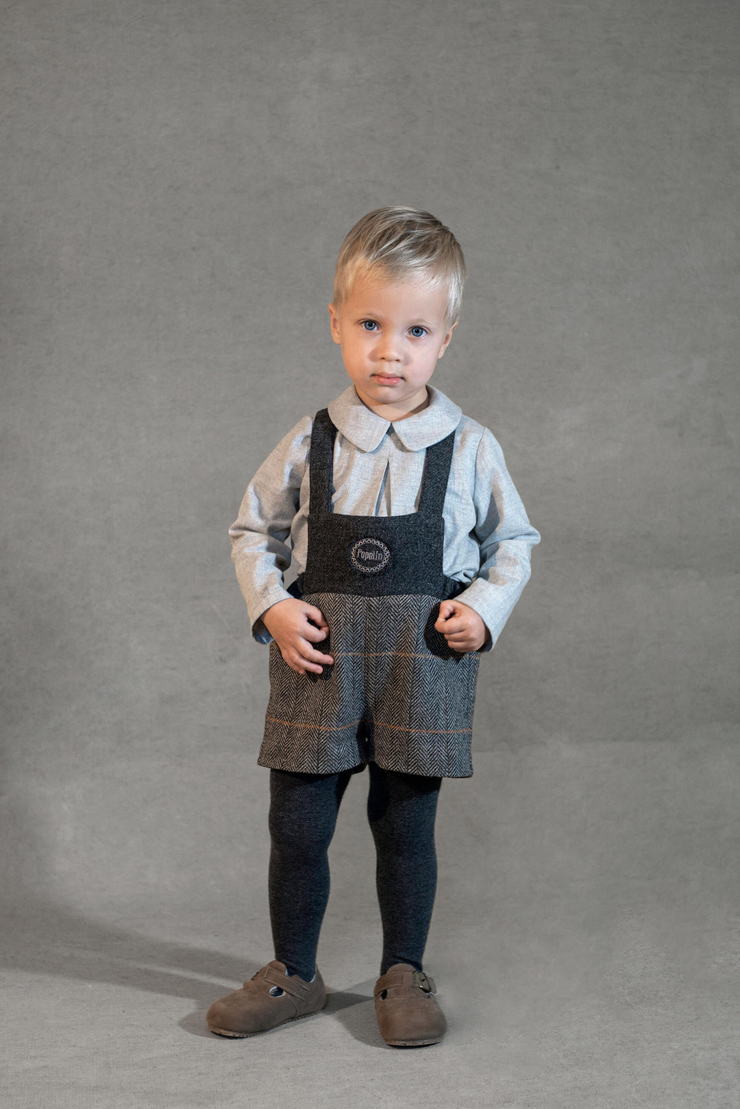 MOD.8.3 GREY HERRINGBONE WOOLLEN SHORT DUNGAREES WITH EMBROIDERY APPLIQUÉ