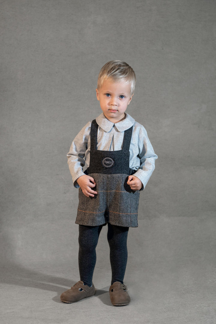MOD.8.3 GREY HERRINGBONE WOOLLEN SHORT DUNGAREES WITH EMBROIDERY APPLIQUÉ
