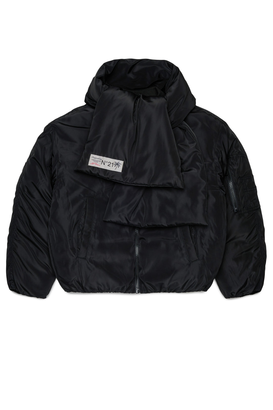 N210D8 N0063 BLACK SHORT PUFFER JACKET WITH ATTACHED SCARF