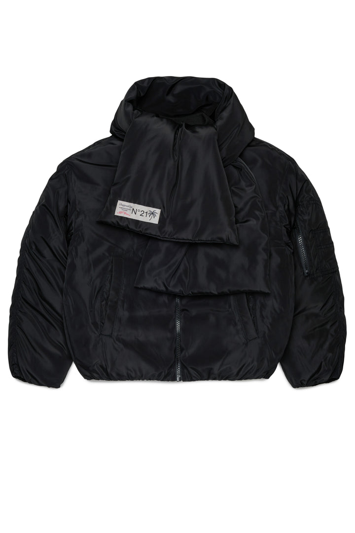 N210D8 N0063 BLACK SHORT PUFFER JACKET WITH ATTACHED SCARF