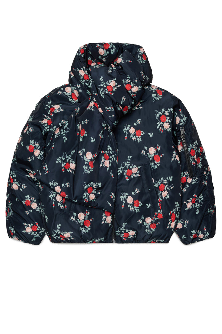 N210D8 N0523 BLACK SHORT FLORAL PUFFER JACKET WITH ATTACHED SCARF