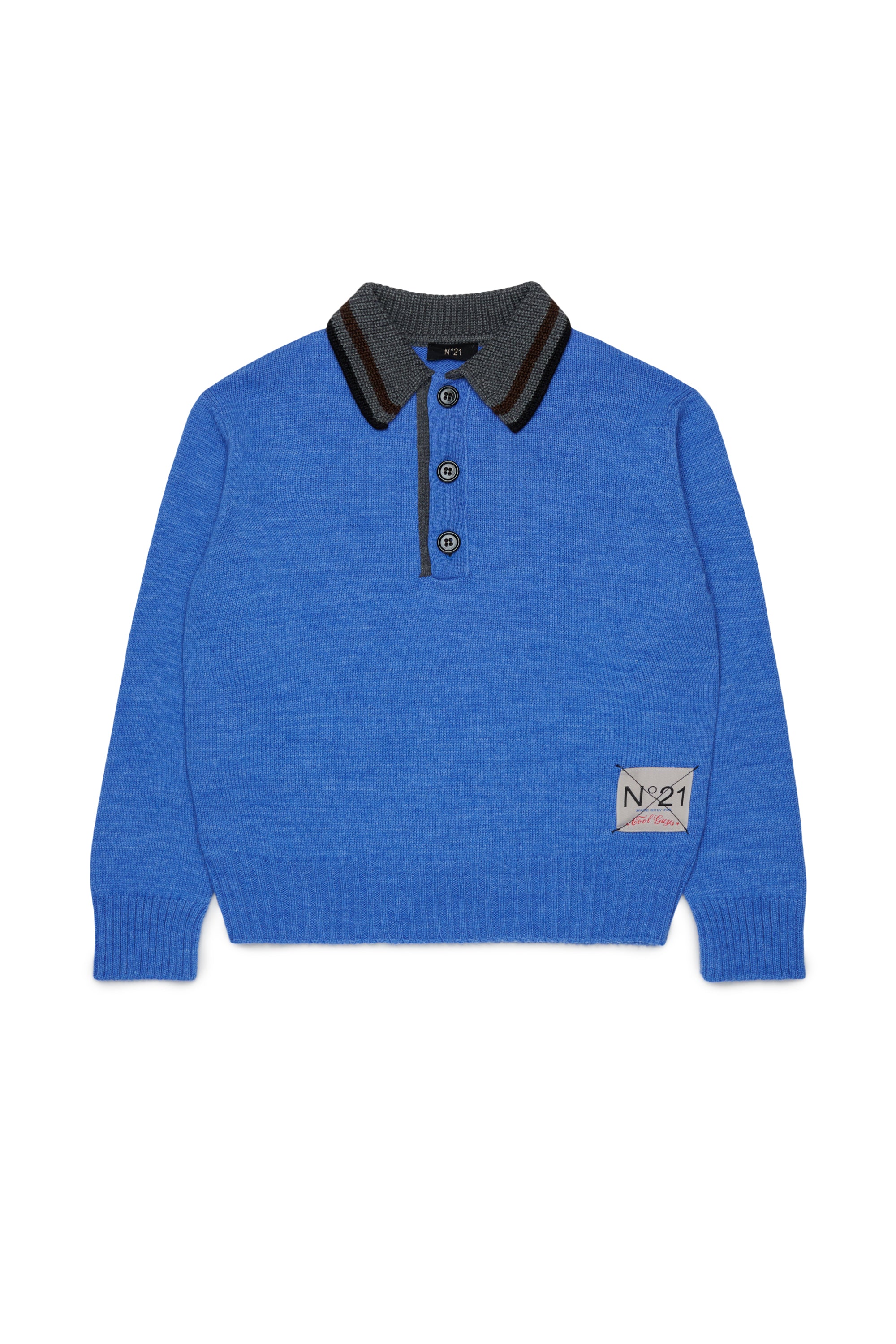 N210DH N0547 BLUE LS KNIT POLO SWEATER WITH CONTRAST COLLAR