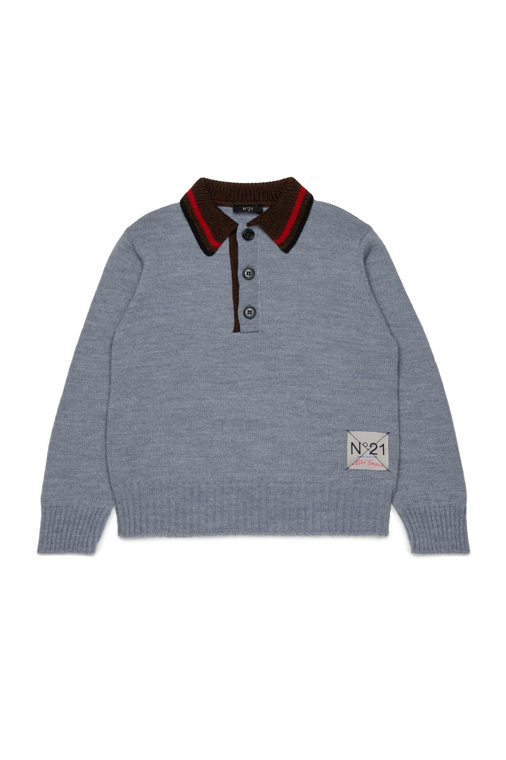 N210DH N0547 GREY LS KNIT POLO SWEATER WITH CONTRAST COLLAR
