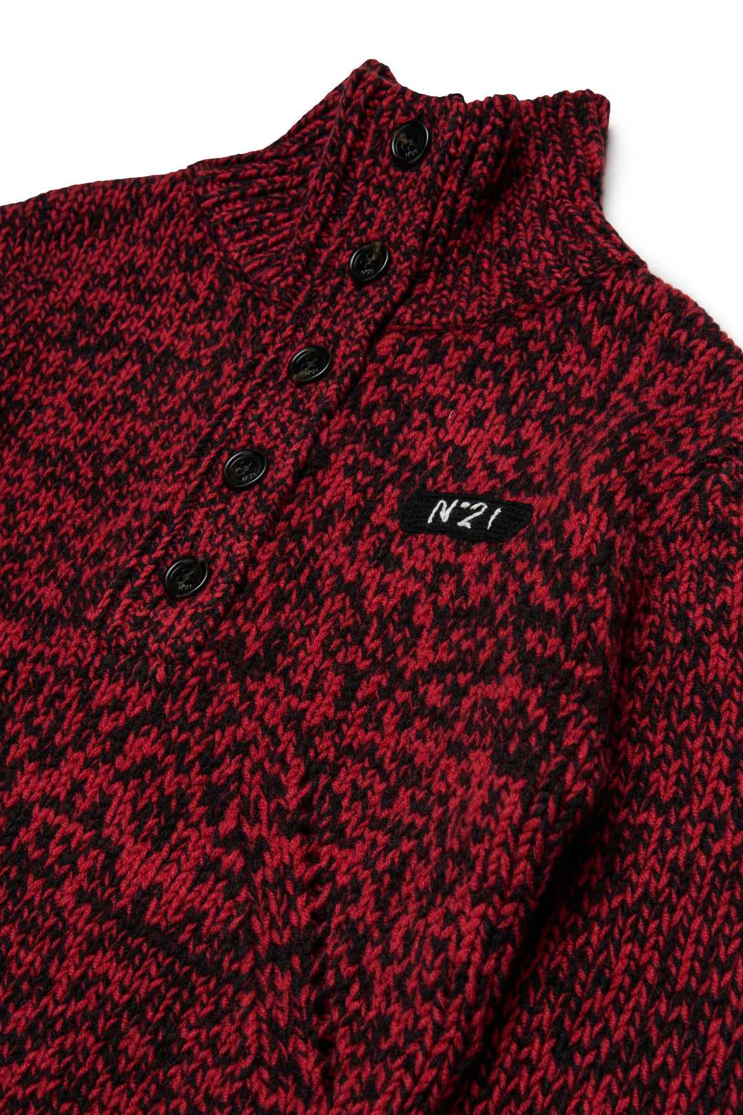 N210DN N0545 RED HALF BUTTONED FUNNEL NECK SPECKLED SWEATER