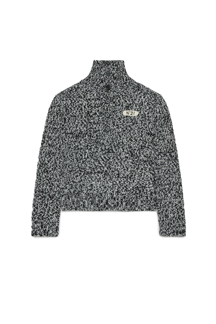N210DN N0545 BLACK HALF BUTTONED FUNNEL NECK SPECKLED SWEATER
