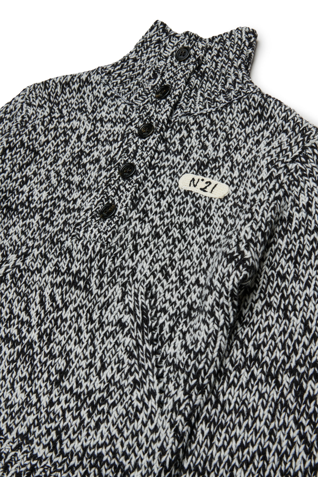 N210DN N0545 BLACK HALF BUTTONED FUNNEL NECK SPECKLED SWEATER