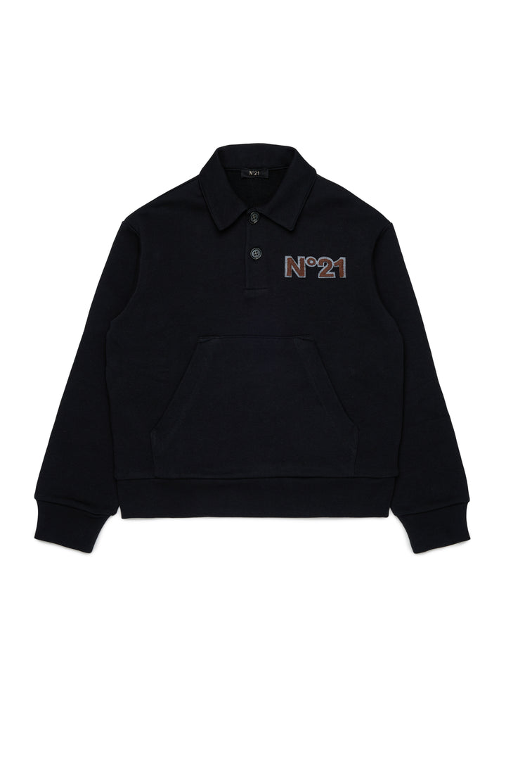 N210E5 N0522 BLACK LS FRENCH TERRY POLO WITH KANGAROO POCKET