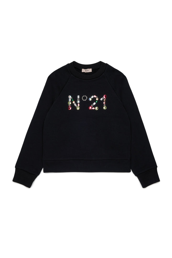 N210EZ N0528 BLACK SWEATSHIRT WITH LOGO IN MULTICOLORED STONES