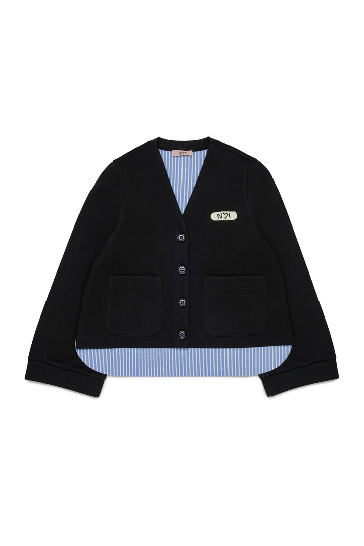 N210FG N0516 BLACK NEOPRENE VNECK CARDIGAN WITH BLUE STRIPE LINING