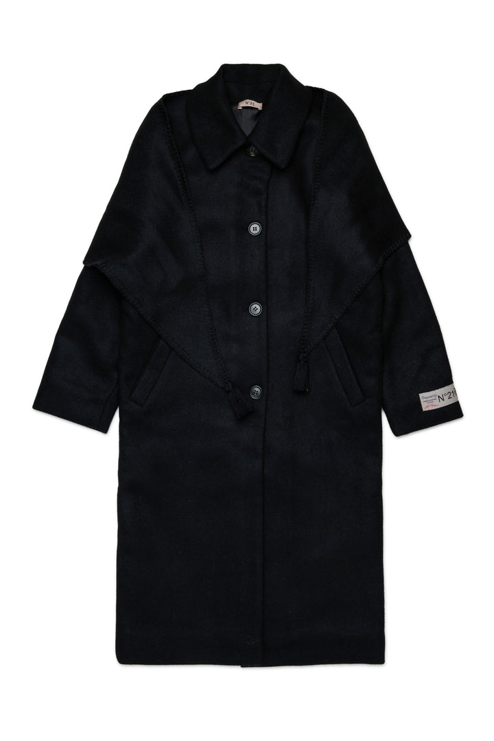 N210FI N0524 BLACK LONG WOOL BLEND COAT WITH ATTACHED MATCHING SHAWL