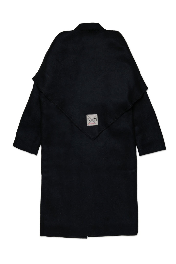 N210FI N0524 BLACK LONG WOOL BLEND COAT WITH ATTACHED MATCHING SHAWL