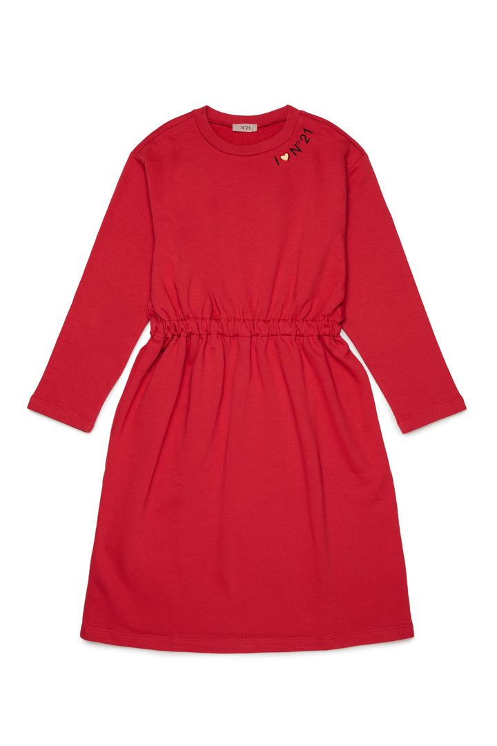 N210FN N0154 CORAL RED LS MIDI SWEAT DRESS WITH LOGO AROUND NECK
