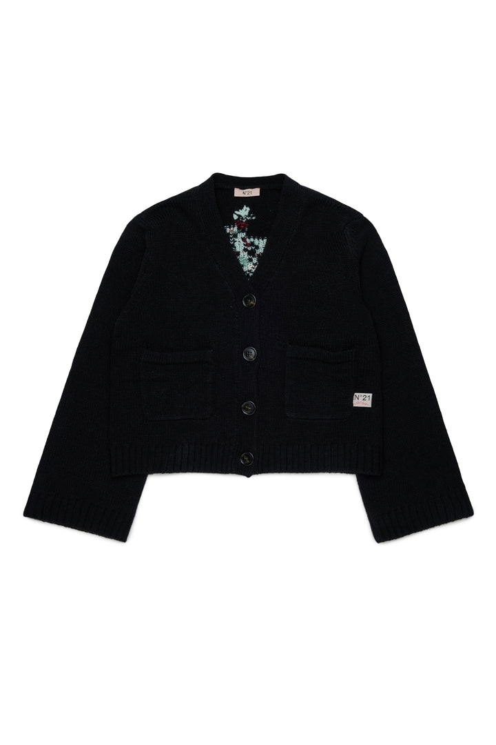 N210GV N0543 BLACK KNIT CARDIGAN WITH JACQUARD FLOWERS ON BACK