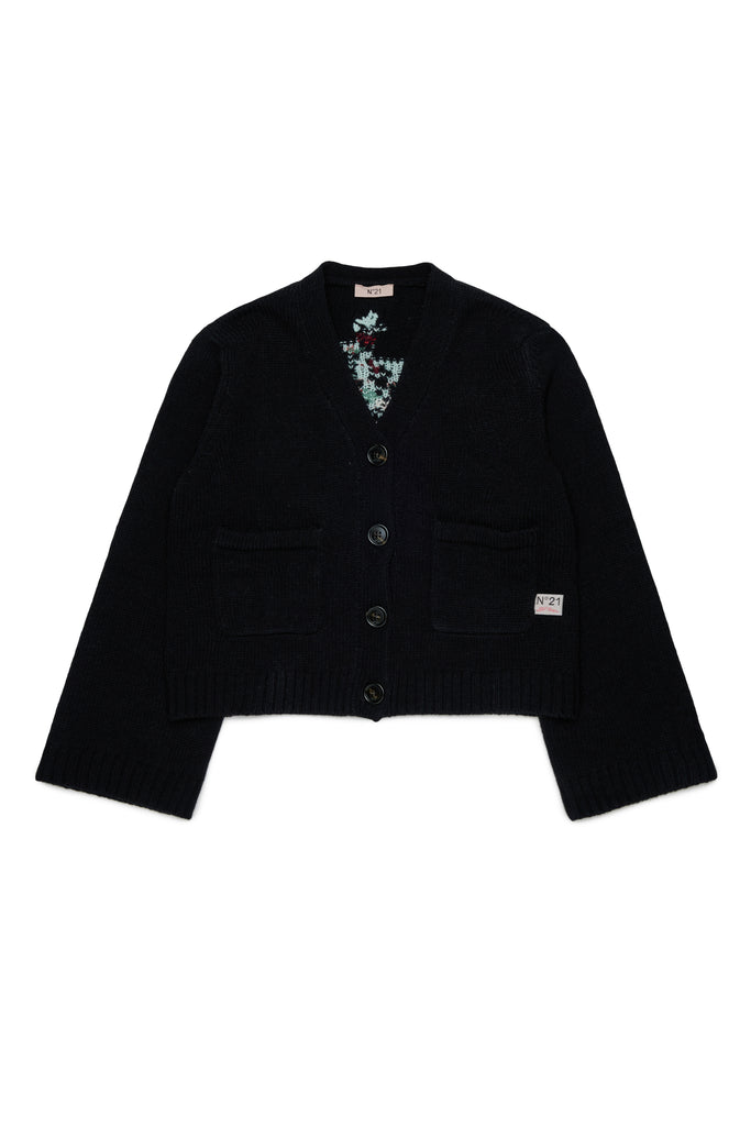 N210GV N0543 BLACK KNIT CARDIGAN WITH JACQUARD FLOWERS ON BACK