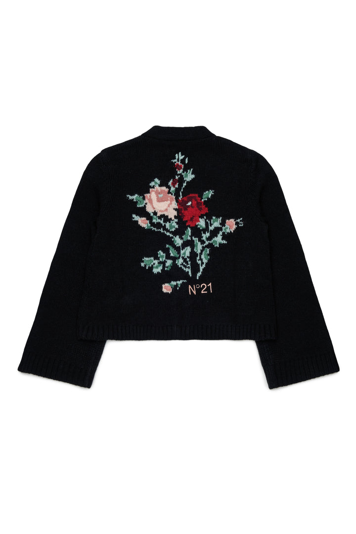N210GV N0543 BLACK KNIT CARDIGAN WITH JACQUARD FLOWERS ON BACK