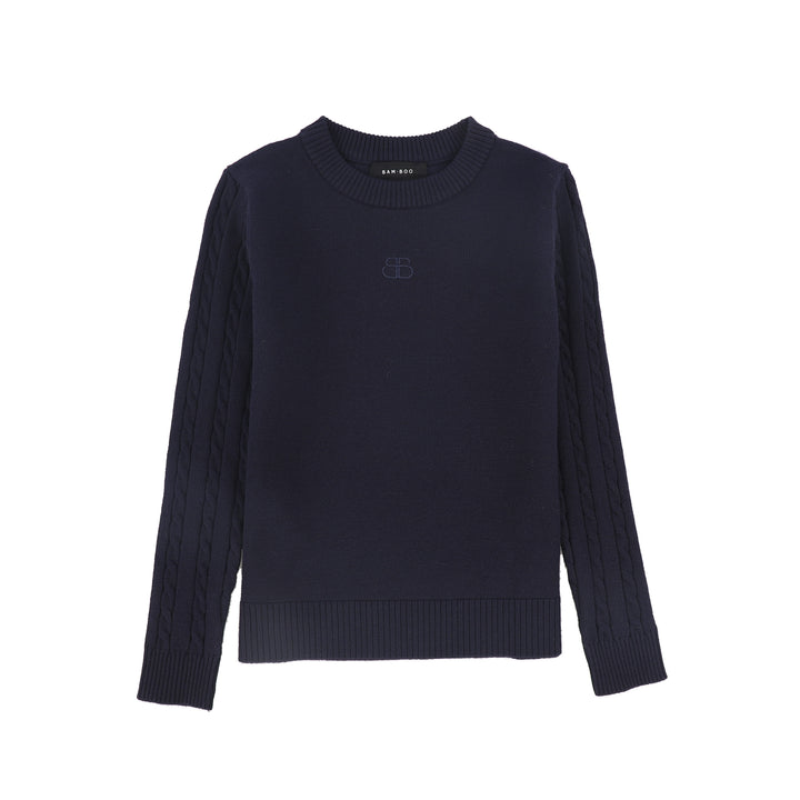 C-20685-Cable Knit Sleeve Logo Sweater -Navy