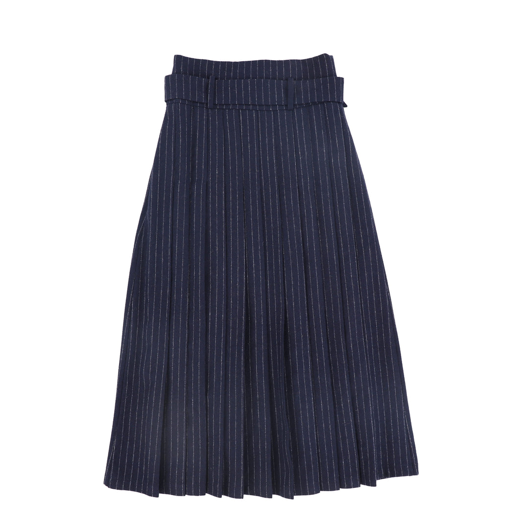 C-22513-Pinstriped Buckle Pleated Midi Skirt -Navy