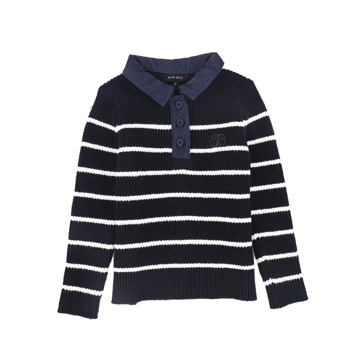 C-23152-Stripe Knit Denim Collar Polo -Navy