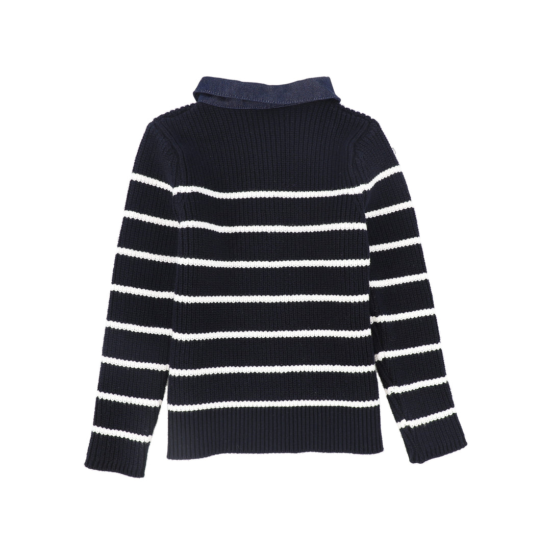 C-23152-Stripe Knit Denim Collar Polo -Navy