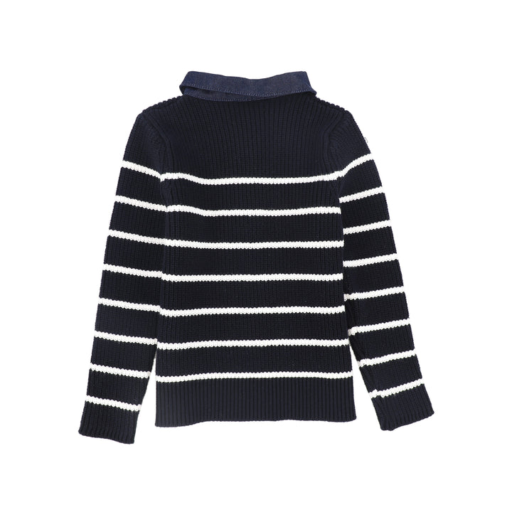 C-23152-Stripe Knit Denim Collar Polo -Navy