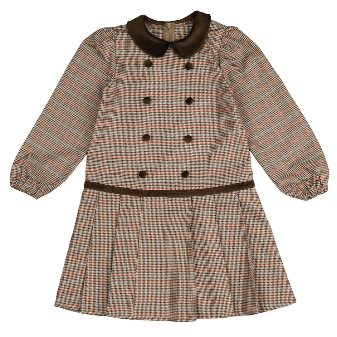 NDR609 GINGHAM DROP WAIST PLEATED DRESS WITH VELVET COLLAR - BLUE