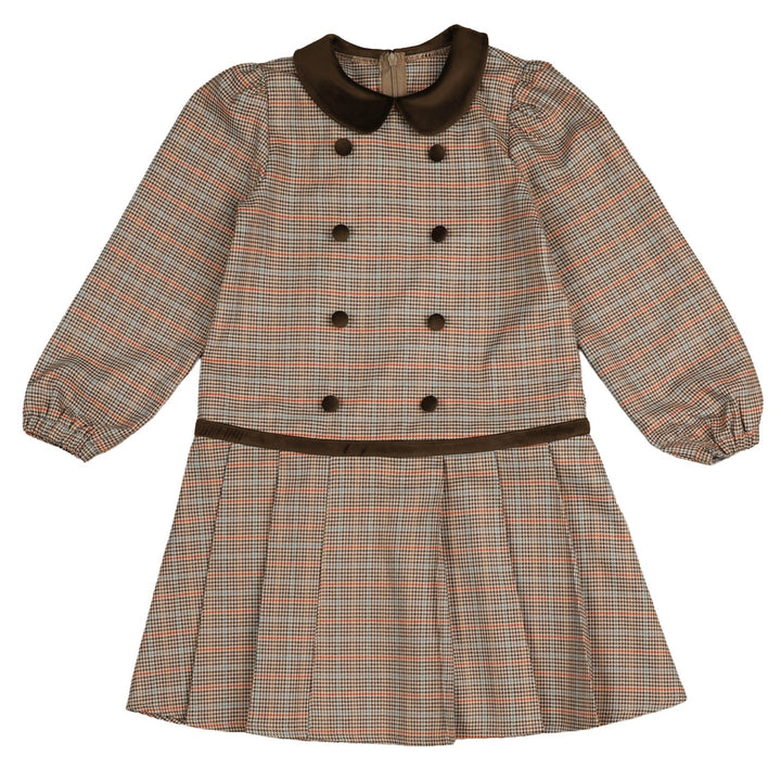 NDR609 GINGHAM DROP WAIST PLEATED DRESS WITH VELVET COLLAR - BLUE