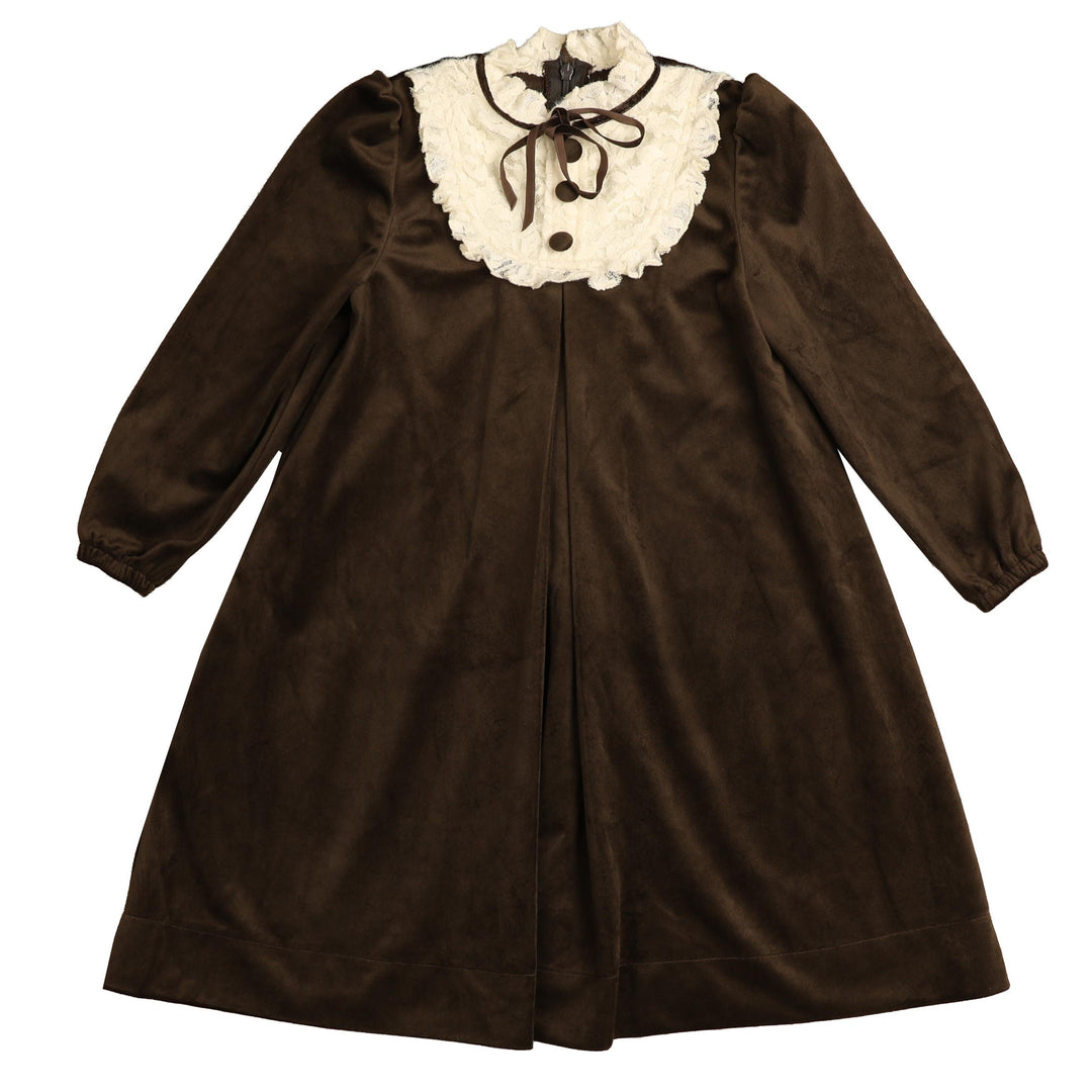 NDR612 VELVET DRESS WITH LACE BIB - MOCHA