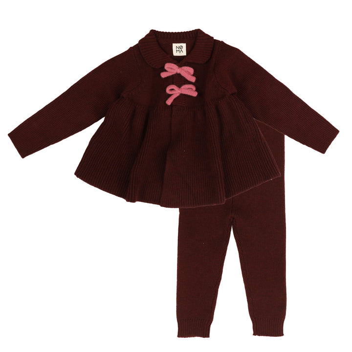 NKN635 KNIT JACKET SET WITH CONTRAST BOWS - WINE