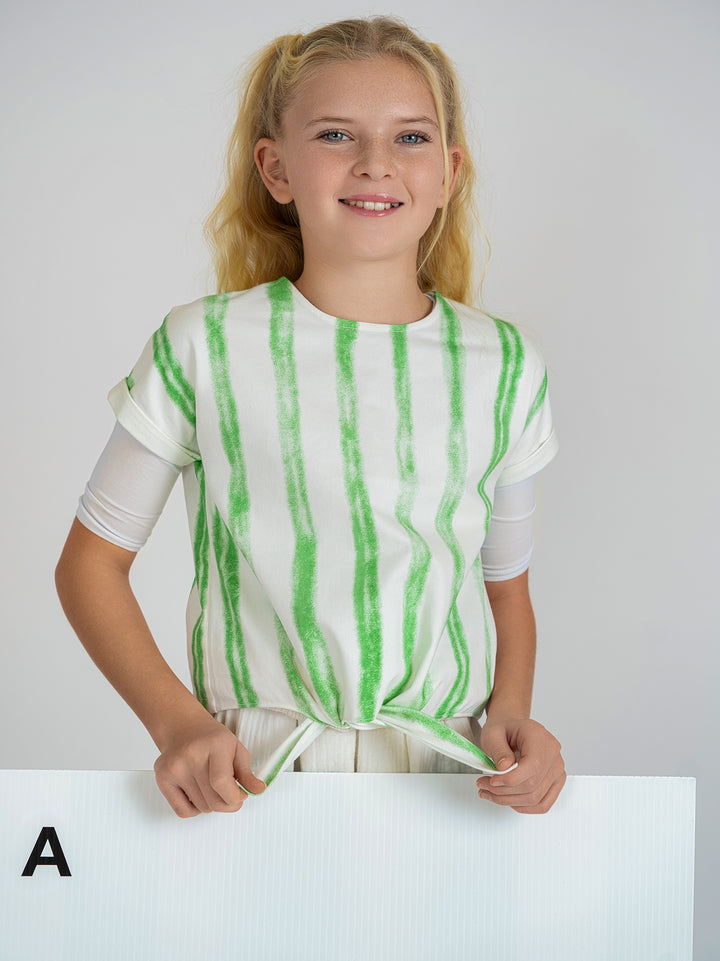 K7438 STRIPED DENIM TIE SHIRT-WHITE/GREEN