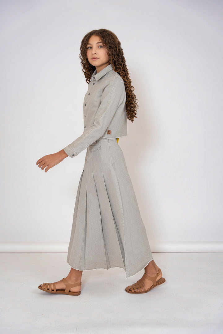 KT712 FRINGED HEM PLEATED SKIRT-GREY