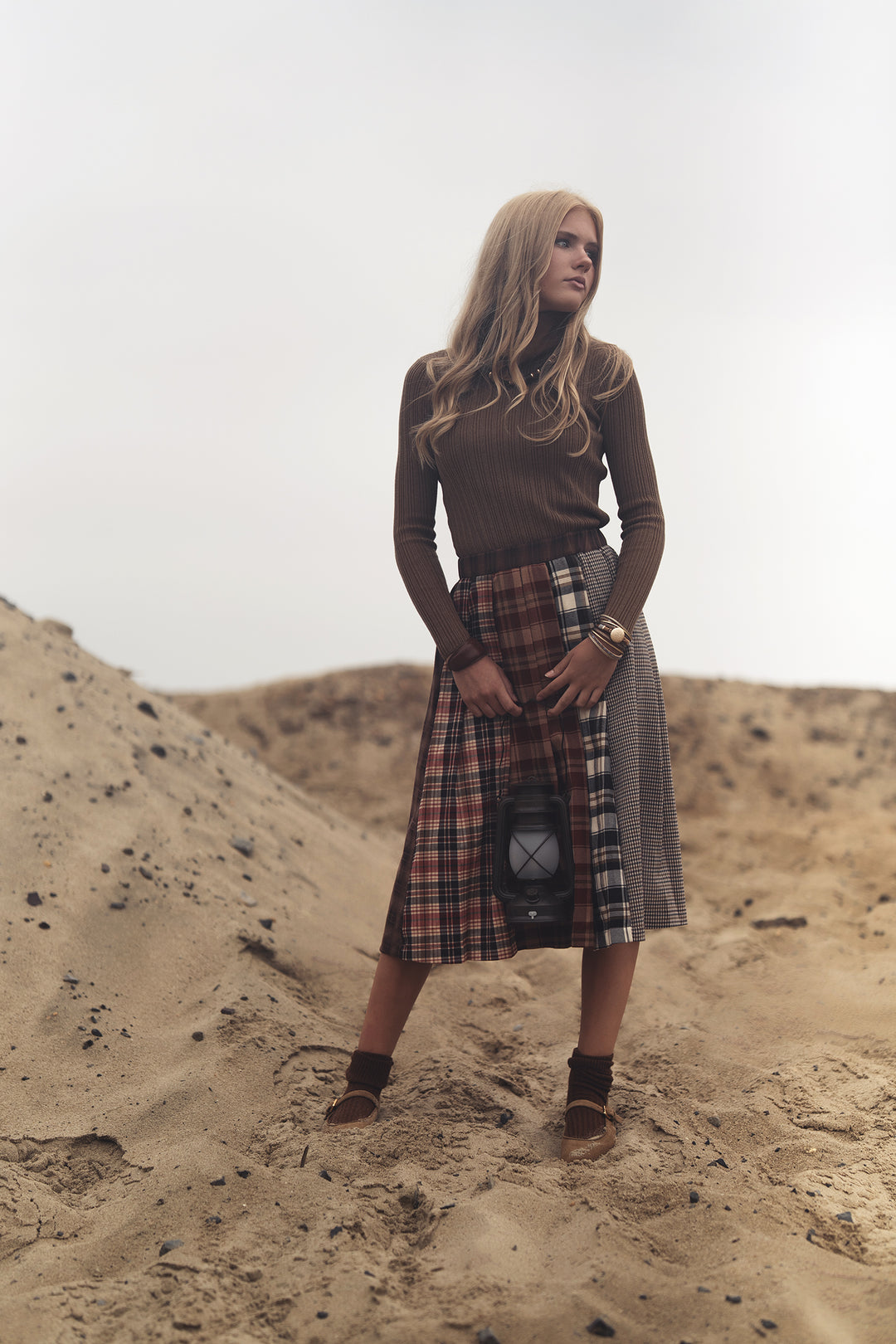 G794-PLAID PANEL PLEATED SKIRT-CAMEL
