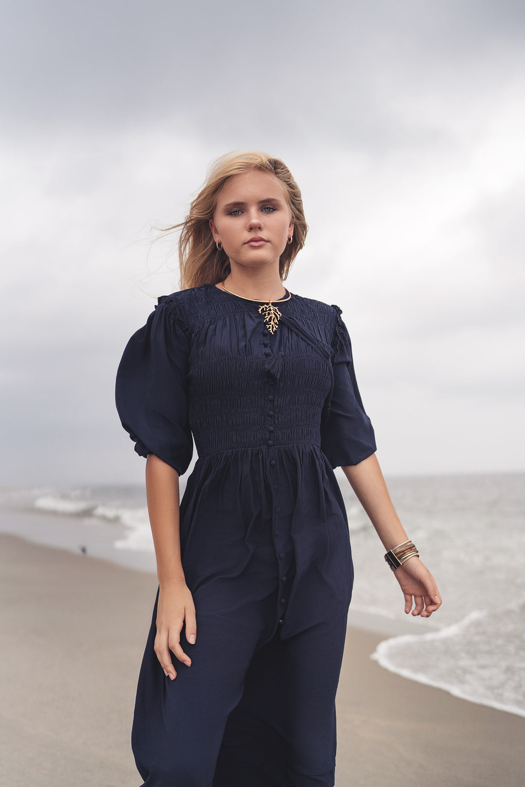G708-SMOCKED BUTTON DOWN DRESS-NAVY