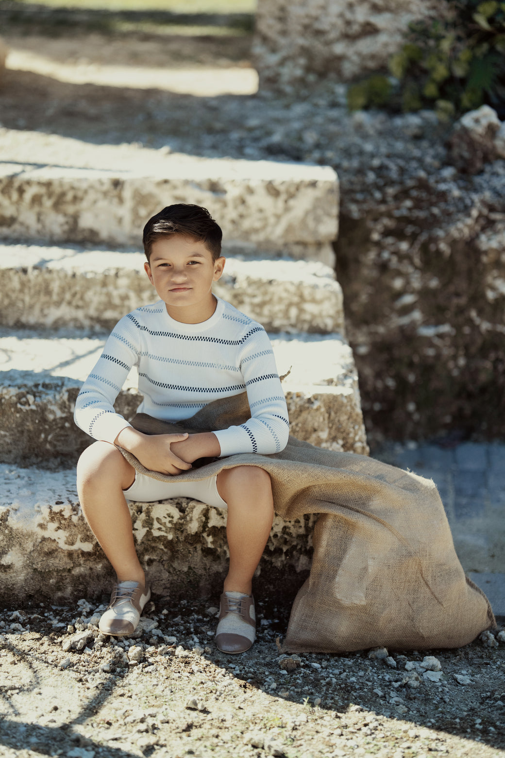 NOB STRIPED DESIGN RIBBED SWEATER-WHITE/NAVY