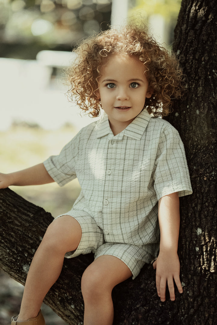 SOVER PLAID SHIRT WITH PULL ON SHORTS-CREAM/GREEN