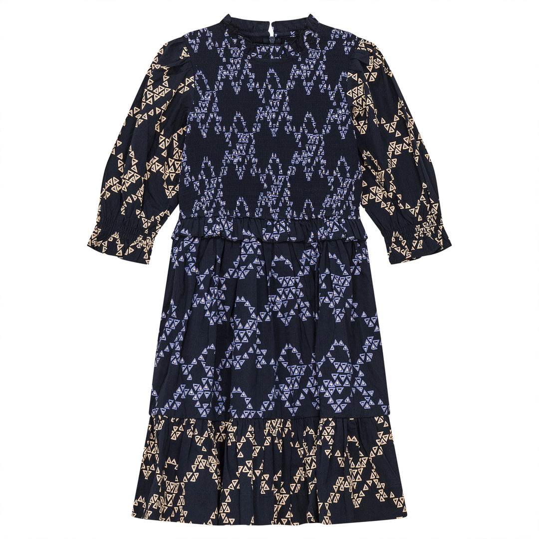 P4302-PRINTED SMOCKED DRESS-NAVY