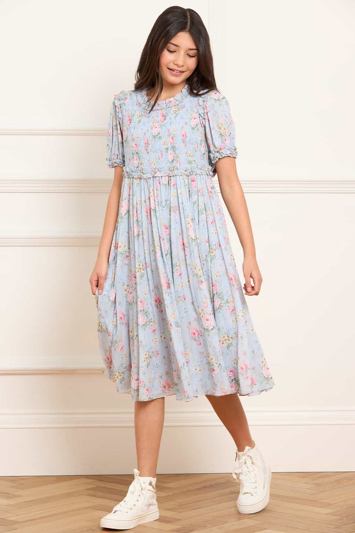 POMPADOUR GARDEN GISELLE CHIFFON KIDS DRESS-FRENCH BLUE