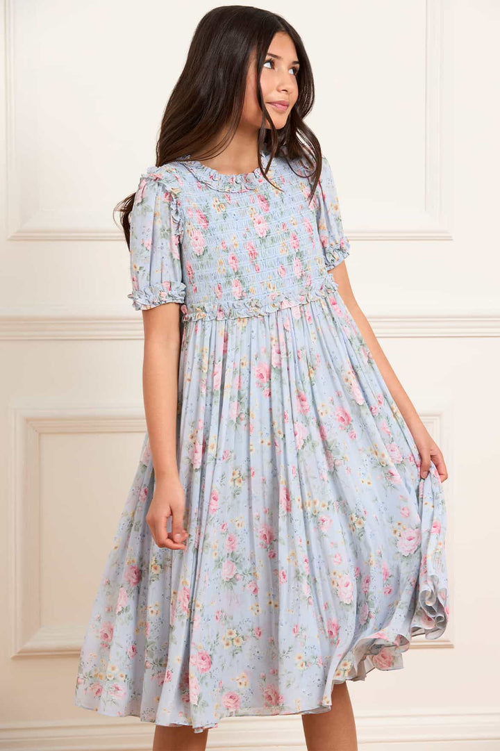 POMPADOUR GARDEN GISELLE CHIFFON KIDS DRESS-FRENCH BLUE