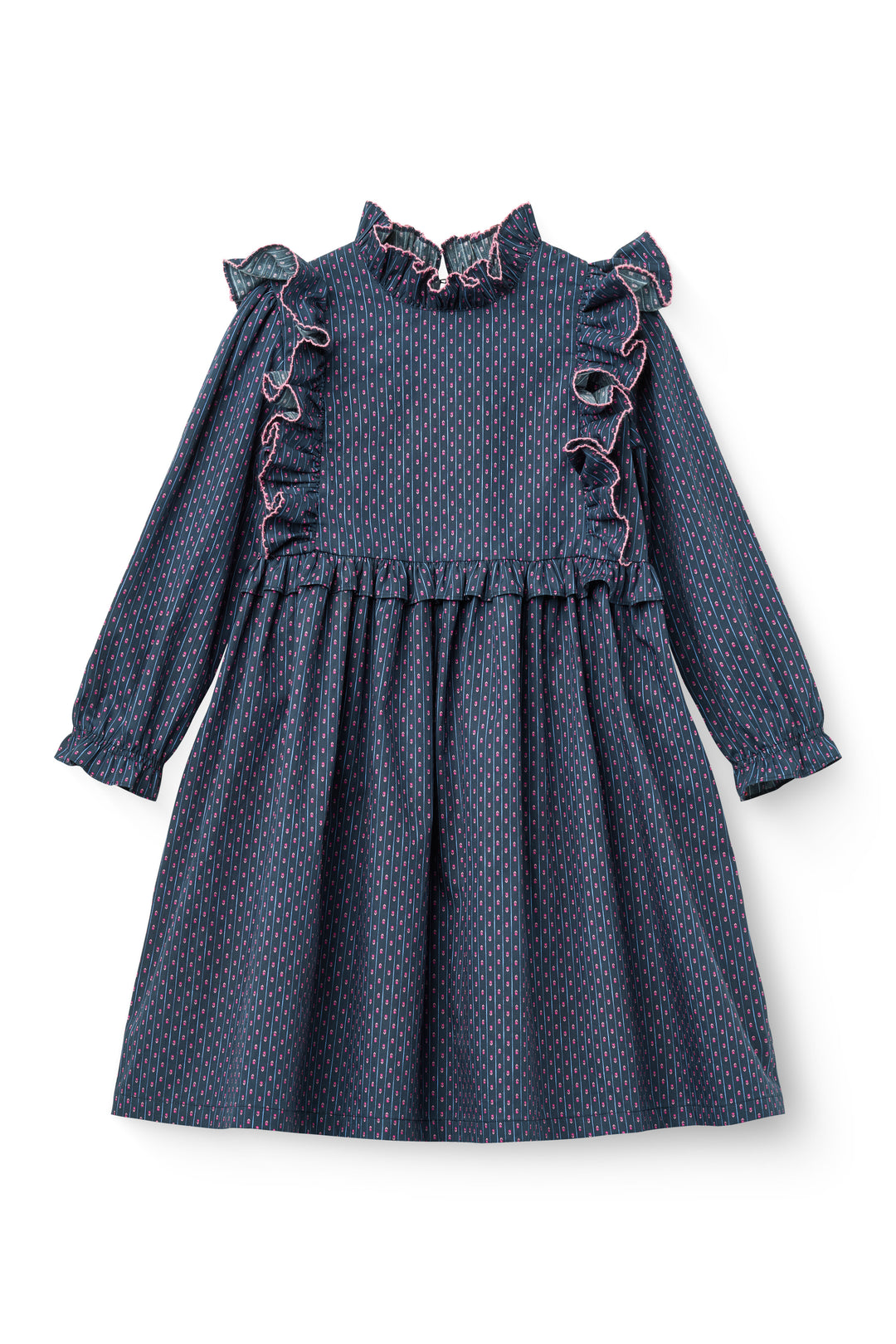 262-260-502 DRESS W. FRILL & EMBROIDERY - NAVY COMB