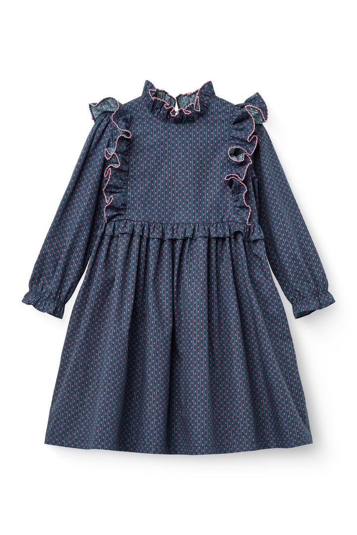 262-260-502 DRESS W. FRILL & EMBROIDERY - NAVY COMB