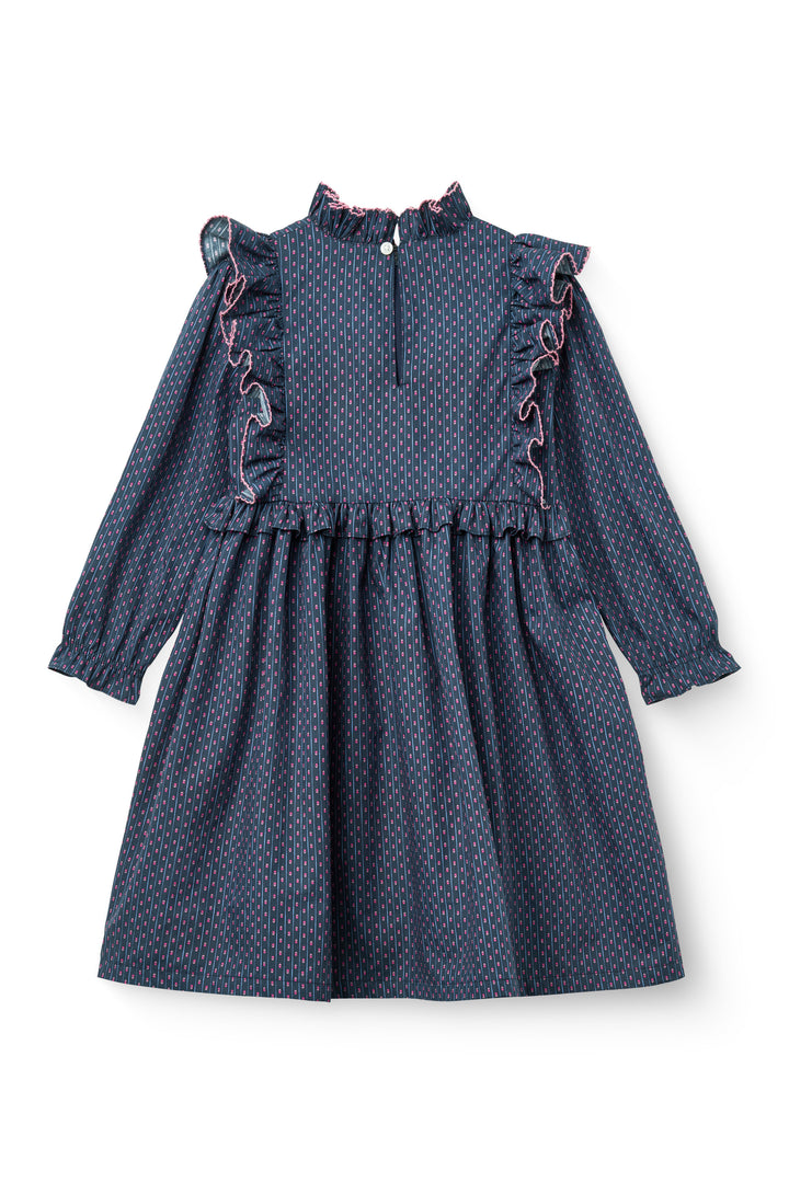 262-260-502 DRESS W. FRILL & EMBROIDERY - NAVY COMB