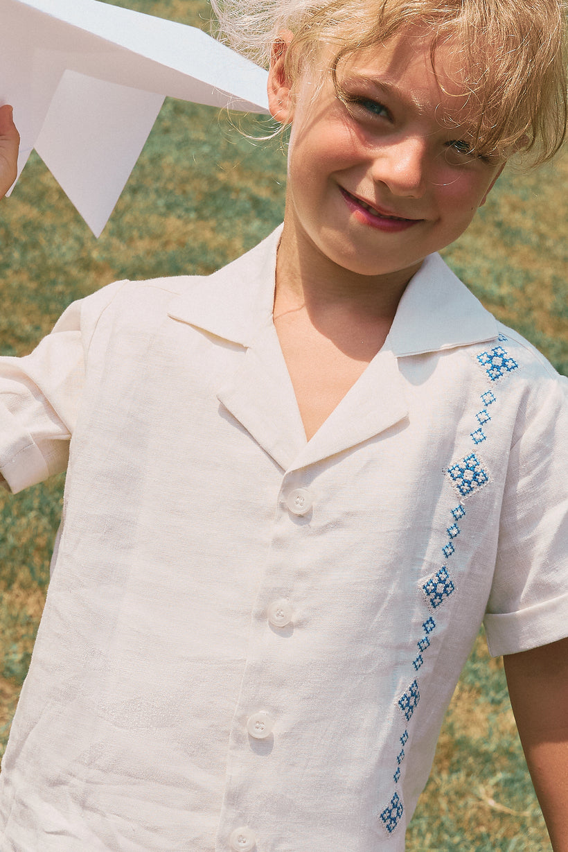 VICTOR BLOUSE/PANTS-BEIGE WITH BLUE EMBROIDERY