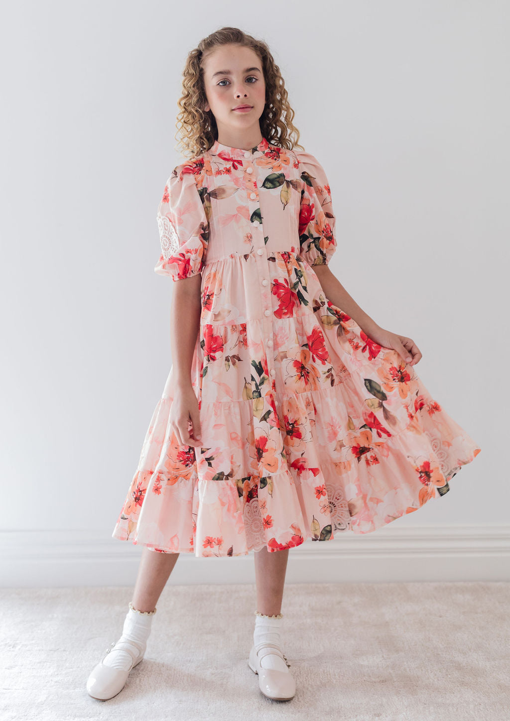 Reorder 1279B-Doily Voile Dress-Peach Peony Print-Final Sale