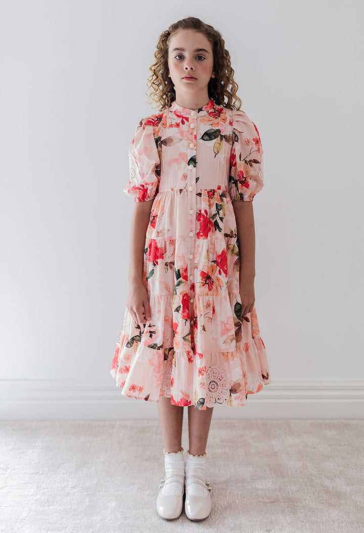 1279B-Doily Voile Dress-Peach Peony Print