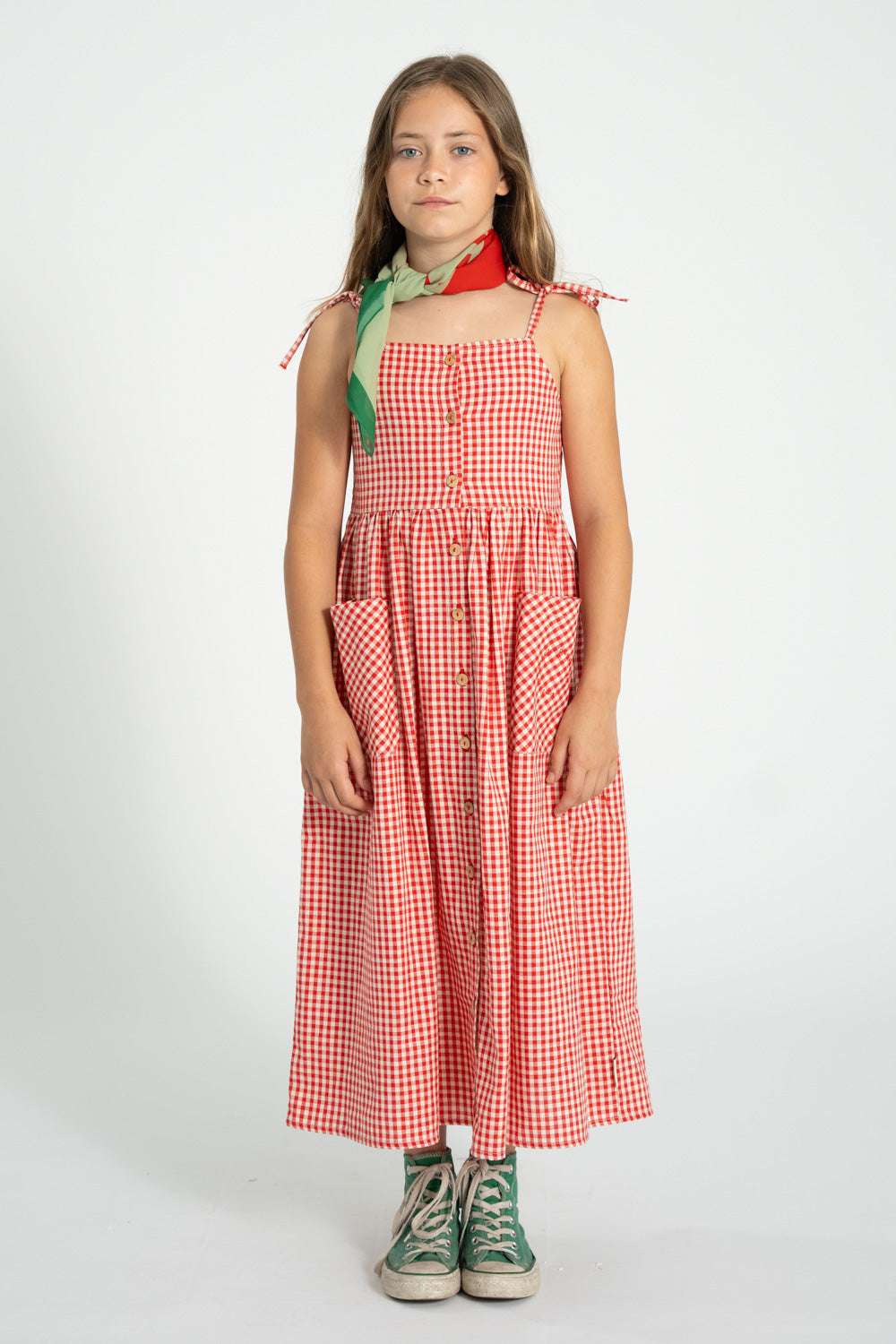 SS26.MN2615-LONG DRESS RED ECRU CHECKERED