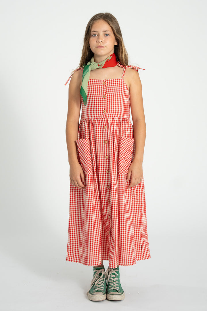 SS26.MN2615-LONG DRESS RED ECRU CHECKERED