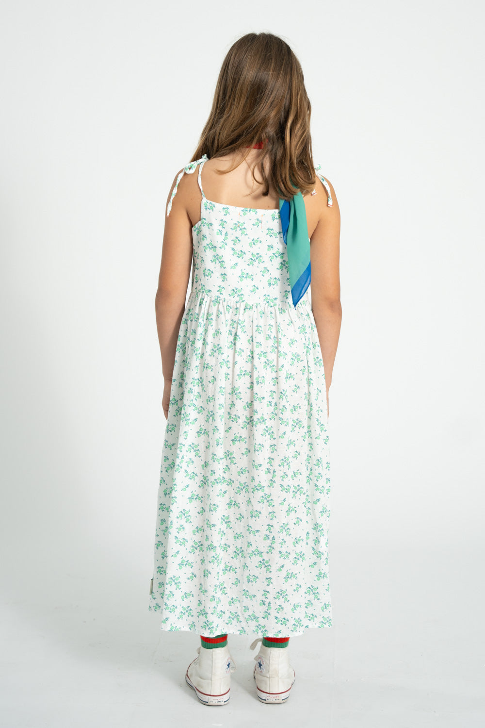 SS26.MN2614-LONG DRESS ECRU W/ GREEN FLOWERS ALL OVER