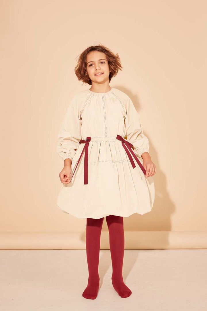 PROSPERITY DRESS-IVORY AND MAROON STITCHING