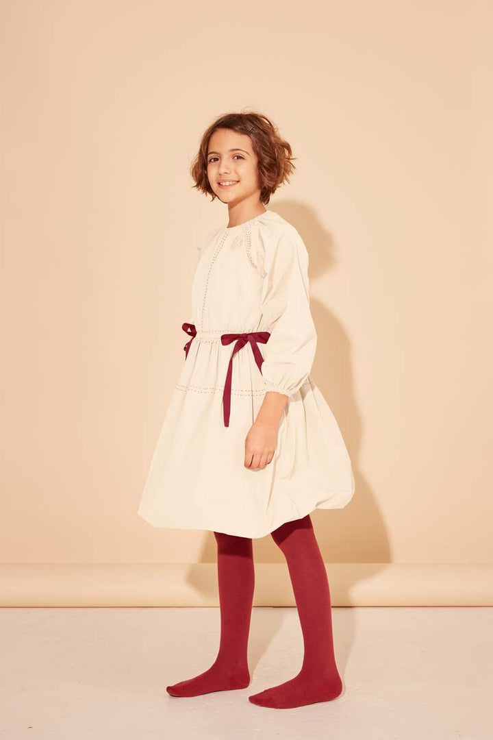 PROSPERITY DRESS-IVORY AND MAROON STITCHING