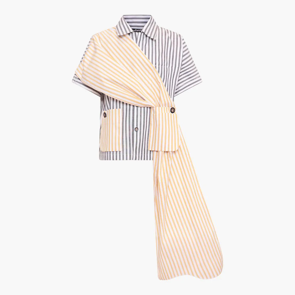 Cotton Shirt with Scarf and Stripes - Zero Waste / S19 1001B-Grey_Yellow_Stripes